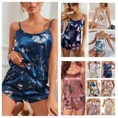 £10.25 • Buy Women Ladies Silk Satin Pjs Lace Cami Vest Shorts Lingerie Pyjamas Set Sleepwear