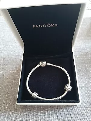 Pandora Silver Snake Chain Bracelet And Purple Leather Bracelet & Charms VGC • £20