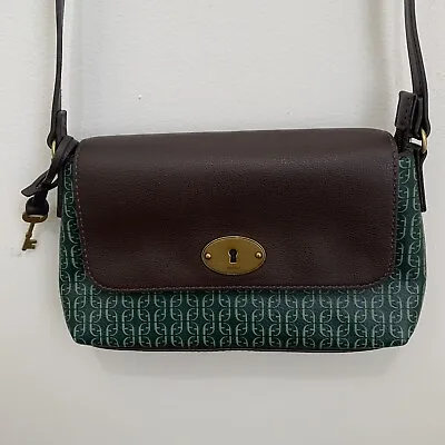 Fossil Gabriella Small Flap Crossbody Brown Green Bag Purse SHB3051 Key Fob EUC • £79.06