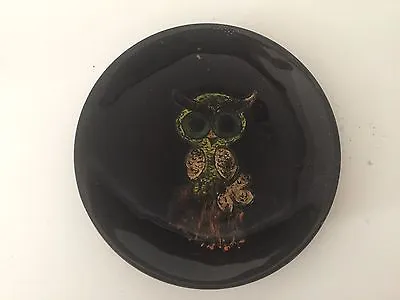 Vintage Enamel On Copper Owl Decorative Plate Dish 6  Diameter • $59.99