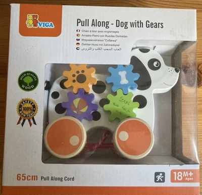 £12.99 • Buy Viga Wooden Pull Along Dog With Cogs Gears Childrens Toy