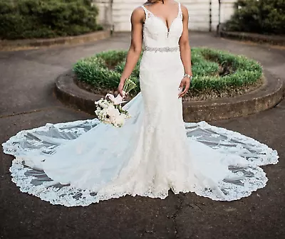 Martina Liana 744 Wedding Dress 10 Ivory Cafe Java Lace Back Altered Huge Train • $250