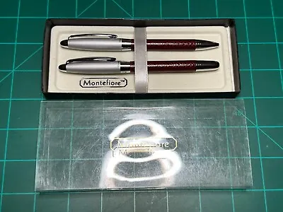 Set Of Two Montefiore Brushed Chrome & Brown Leather Like Barrel Ball Point Pens • $14.99