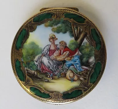 Vintage Silver Gilt Enamel Compact Hand Engraved Italy 800 Romantic Scene • $300