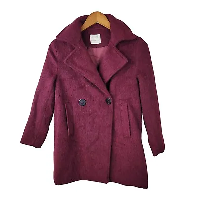 Zara Kids Girls Fuzzy Wool Jacket Pea Coat Size 11-12 Winter Warm Burgundy Red • $34.99
