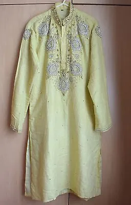 Men Asian Indian Pakistani Dress Yellow Lime Glitter Stones • £39.99