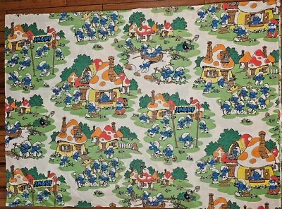 Vintage Smurfs Flat Bed Sheet Twin Size Fabric Papa Gargamel Mushroom USA 1980s • $22.99