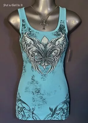 New VOCAL Womens CRYSTAL EMBELLISHED AQUA BLUE FLEUR TANK TOP SHIRT S Small • $35.10