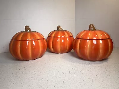 Teleflora Ceramic Orange Pumpkin Candy Cookie Jars W/Lids Halloween Fall • $20