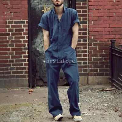 Men Jumpsuits Straight Long Pants Loose Fit Short Sleeve Handsome Occident Style • $31.99