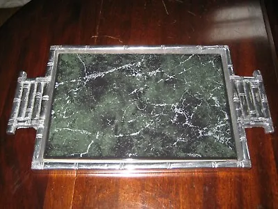 Vtg LAMOSA TILE TRAY Green Marbled W/ Aluminum Bamboo Handles & Frame 16  Signed • $39.95