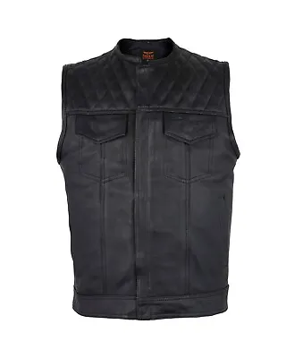 Men's Black Leather Vest Motorcycle Concealed Diamond Padded Shoulder Waistcoat • $94.49