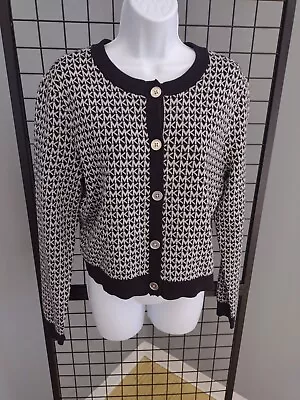 Michael Kors Logo Knit Cardigan Woman's Sz. Large Button Black Silver Sweater • $39.99