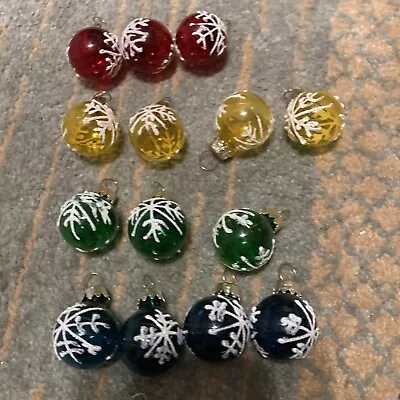 Vintage Mini Glass Christmas Ornaments Red Yellow Green Blue Snowflake Set Of 14 • $14