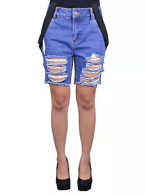 Uniq Stylist Urban Destroyed Ripped Bermuda Suspender Button Fly Denim Shorts • $9.99