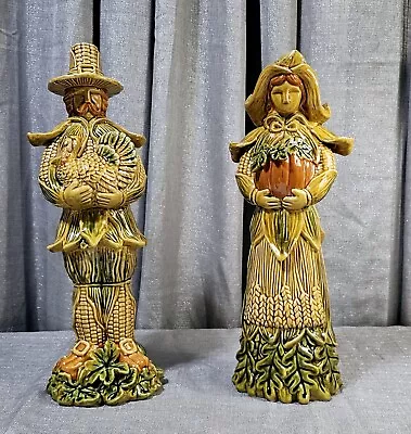 2 Pilgrim Figurines Man & Woman Thanksgiving Harvest Glossy Ceramic 18 1/4  Tall • $50