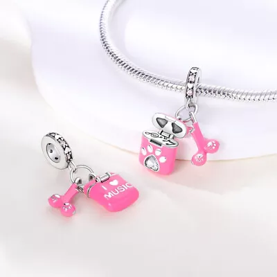 I Love Music Pink Dog Paw Love You Heart Mp3 Charm Sterling Silver 925 • $18.66