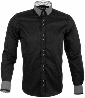 Men's Double Collar Fitted Shirt Dot Print Black Small GUIDE LONDON LS.72514 • $87.11