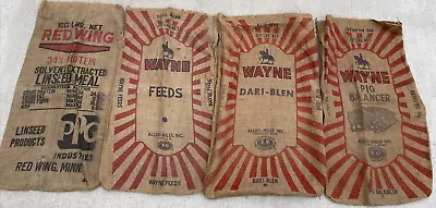 Lot Of 4 Vintage Burlap Feed Bags Red Wing And Wayne Feeds 100 Lb Size • $66