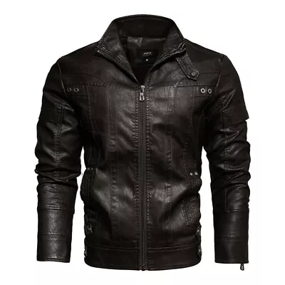 Men's Leather Jacket PU Top Retro Jacket Zipper Short Coats Outwear Slim Warm • $61.05