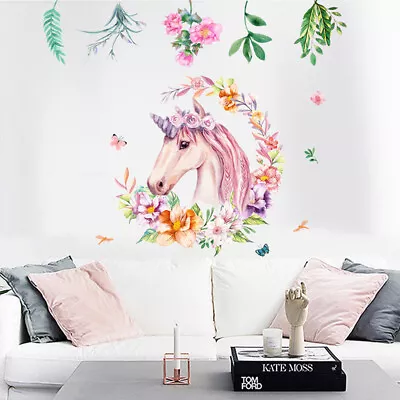 Removable Wall Stickers Girls Gorgeous Unicorn Flowers Fairy Butterflies DIY AU • $18.99