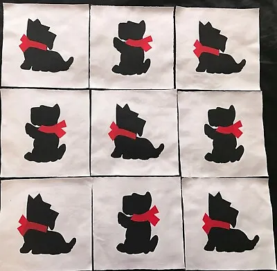 Quilt Top Blocks  Black Scottie Dog Appliques 6  Cotton Fabric Red Bow Lot Of 9 • $14.99