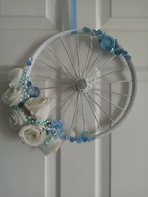 Coachbuilt Deccorated Pram Wheel Blue Sparkle And Pearls White Roses Room Decor • £35