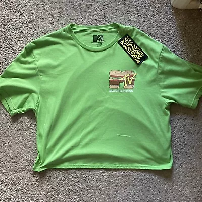 MTV Women’s Green T Shirt Crop Top Size M With Burger Style Logo • £12.99