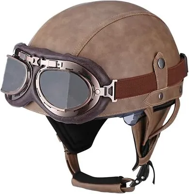 Leather Vintage Motorcycle Half Helmet Beanie Scooter Bike Cruiser Goggles USA⭐ • $52.99