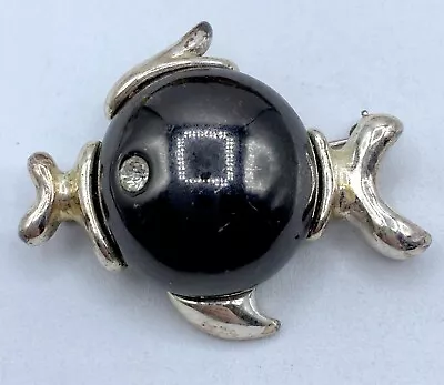 E2-1716 Vintage Brooch Silver Pin 1.5  Animal Blow Fish Ocean Jelly Belly Black • $5.99