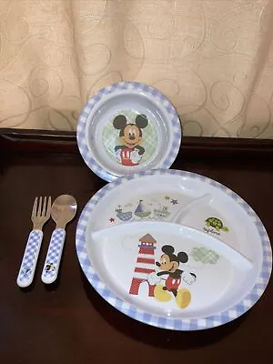 Disney Baby Mickey Mouse Divided Melamine Plate~Bowl Silverware 2013 Set • $16.99