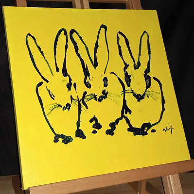 3 Bunny Rabbits On Yellow  *  Original Acrylic Painting On Stretched Canvas • $37.52