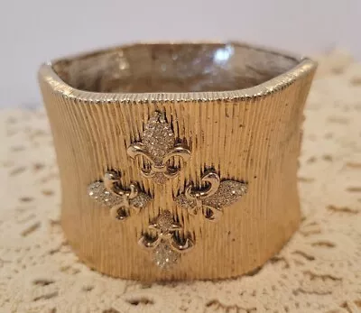 Gold Tone Cuff Bracelet Fleur De Lis Filled W/ Sm. Rhinestones Statement Jewelry • $39.99