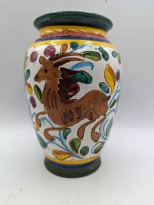 Deer Flower Vase Italy Ceramic Incised Sgraffito Hand Painted Terracotta Vintage • $24