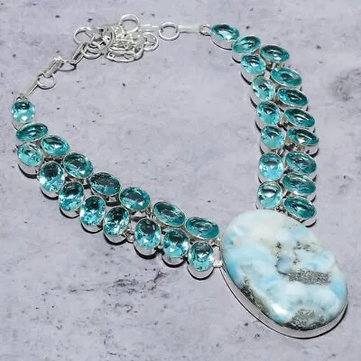 Natural Caribbean Larimar Blue Topaz 925 Sterling Silver Necklace 18  Gift W566 • £20.89