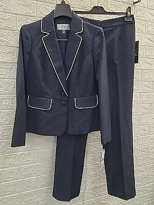 New Le Suit Jacquard 2 Pc Lined Navy/Vanilla Ice Piped Pant Suit Size 2 Petite • $119.99