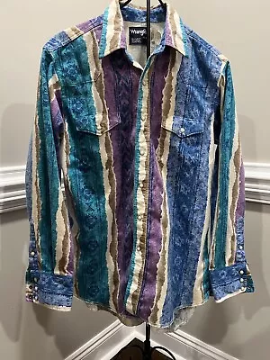 Vintage Wrangler Shirt Men's Large Pearl Snap Button-Up Aztec Western 16 1/2 -34 • $45