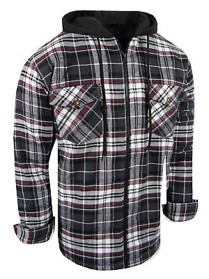 Very Thick Quilted Hoodie Flannel Jacket Zip Up Mens Plaid Shirt 4 Pocket Hooded • $32.95