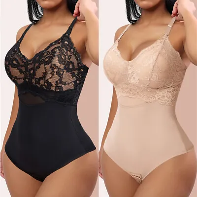 Women Sexy Lace Tummy Control Bodysuit Backless Padded Bra Body Shaper Underwear • £8.79