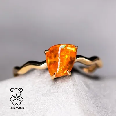 Minimalist Mexican Fire Opal Wedding Band 18K Yellow Gold Engagement Ring • £458.52