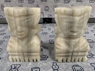 Vintage Set Bookend Carved Marble Look Mexican Mayan Tiki Stone Statue • $12.99