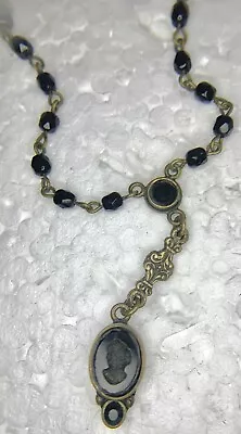 Extasia Vintage Intaglio Glass Cameo Black Faceted Bead Filligree Drop Necklace • $75