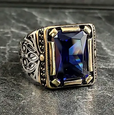 Men Silver Blue Sapphire Gemstone Ring Men Silver Dark Sapphire Stone Ring • $58