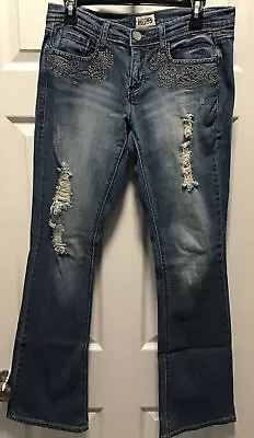 EUC Mudd Junior Women Distressed & Embellished Bootcut Mid-tone Low-Rise Jeans 9 • $10.99