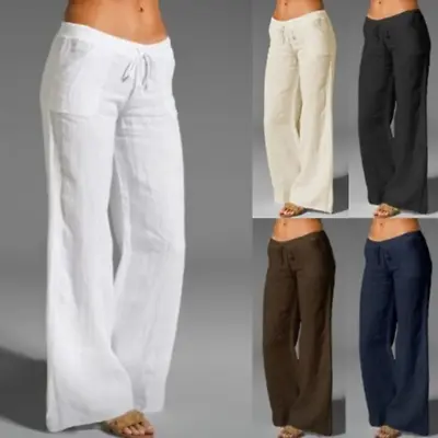 Lady High Waist Drawstring Wide Leg Linen Blend Pants Long Trousers Pocket Solid • £16.86