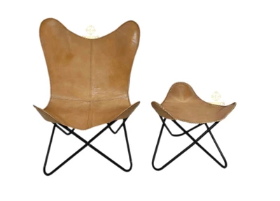 $288.21 • Buy Genuine Brown Leather Butterfly Chair With Ottoman–Lounge Chair & Stool PL2-252