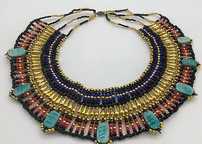 Vintage Beaded Egyptian Revival Collar Multicolor Necklace With Glass Scarabs • $89.99