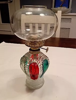 Lovely Little Vintage Stained Glass Oil Lamp With Round Glass Shade 26cm Tall • £12.50