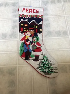 Vintage Needlepoint Christmas Stocking Carolers Peace 17  Red Velveteen Backing • $22.99