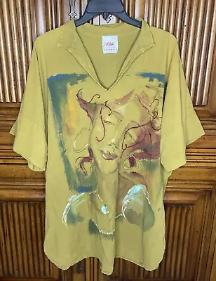 Maria De Guadalajara Womens Top Large Yellow Mustard Cotton Painted Long Artsy • $34.97